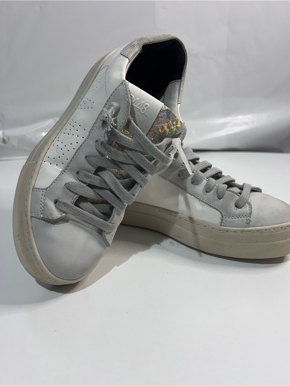 P448 John White Leather Low Top Sneakers Holographic Details Made In Italy